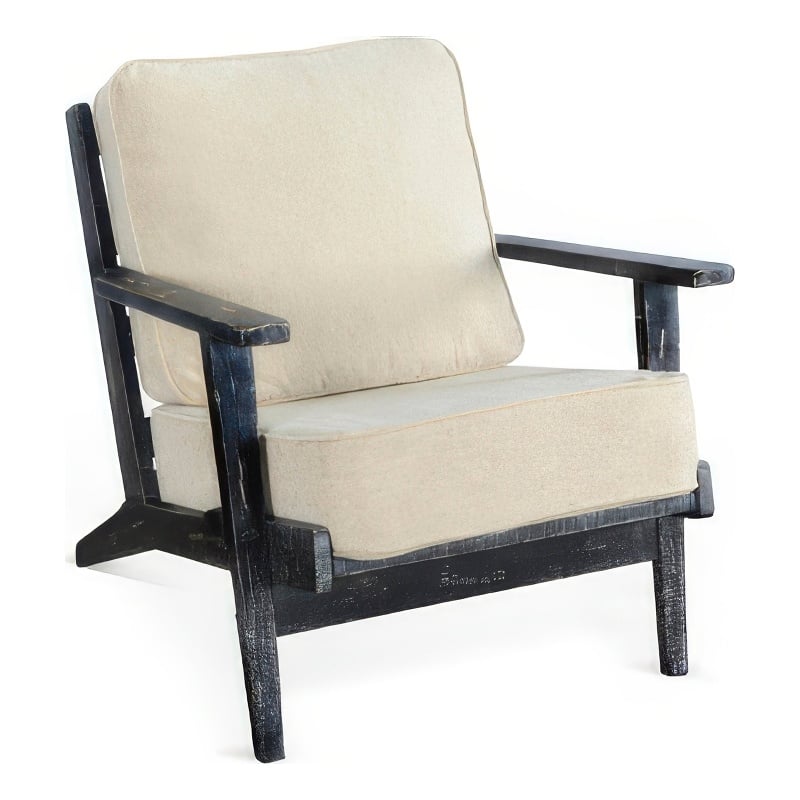 Rena Accent Lounge Chair- Beige Seat- Distressed Black Solid Wood