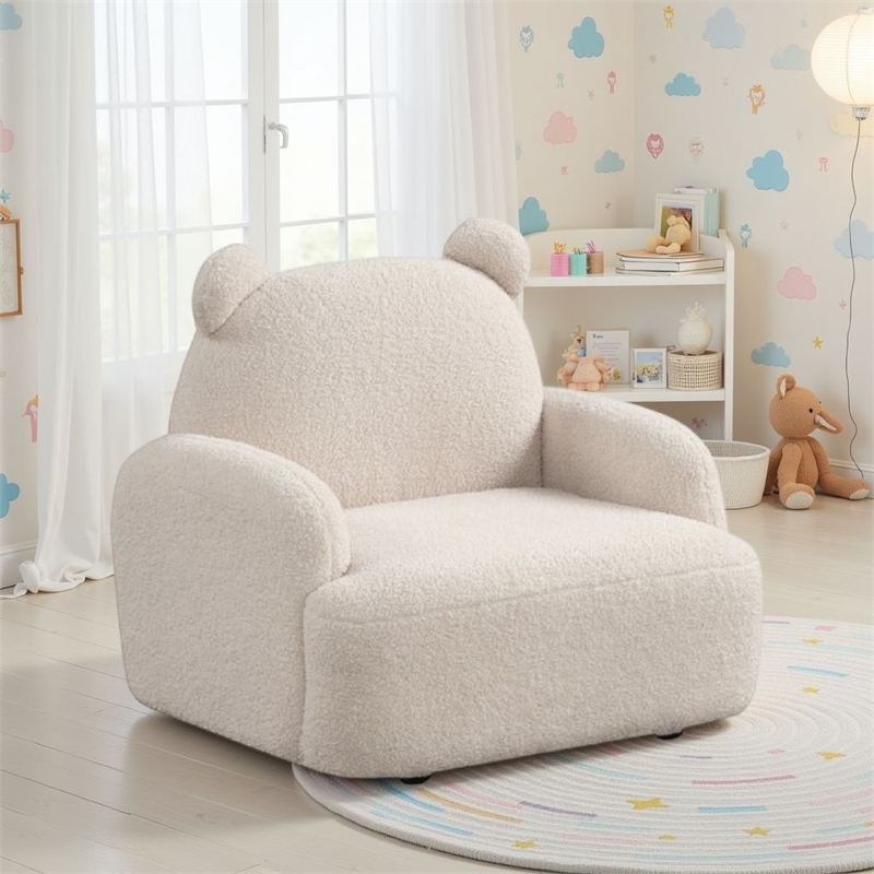 Raye Bear Shaped Kids Armchair with Black Legs- Beige Teddy Velvet