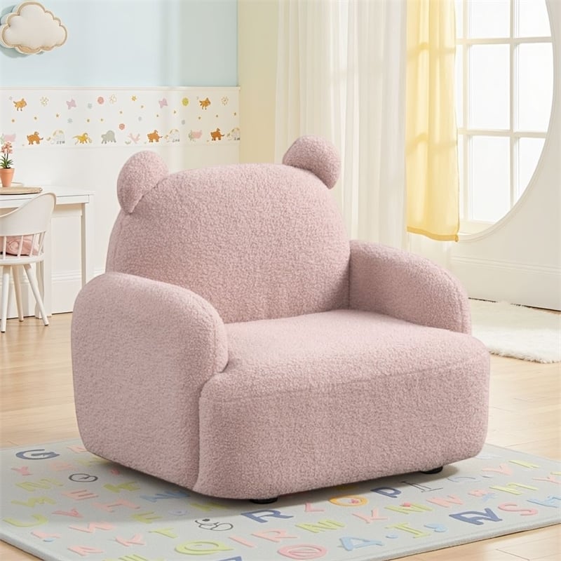 Raye Bear Shaped Kids Armchair with Black Legs- Pink Teddy Velvet