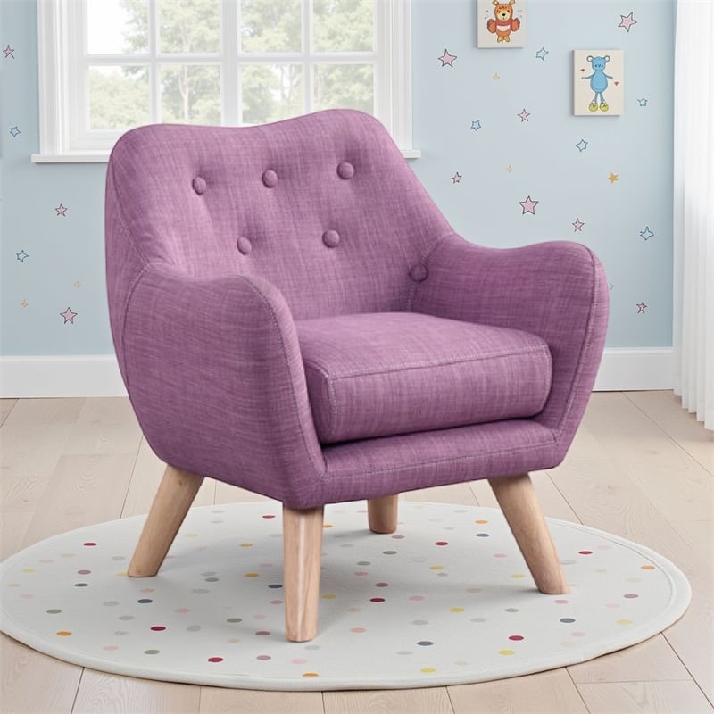 Binie Kids Chair w Wood Angled Legs- Pink Purple Button Tufted Linen