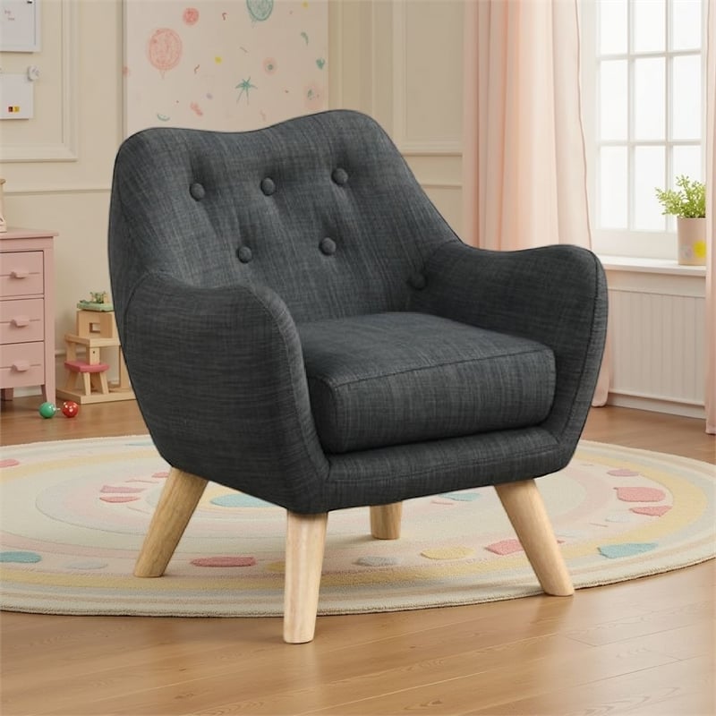 Binie Kids Chair with Wood Angled Legs- Gray Button Tufted Linen