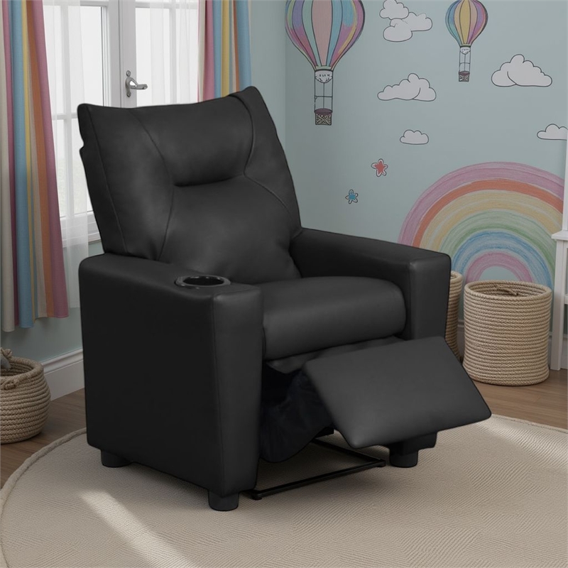 Chang Kids Recliner Chair- Built In Cupholder- Black Faux Leather
