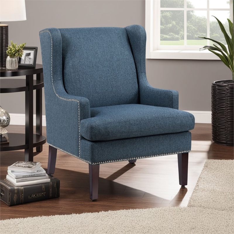 Rossana Accent Wing Armchair- Blue Polyester- Brown Wood- Nailhead
