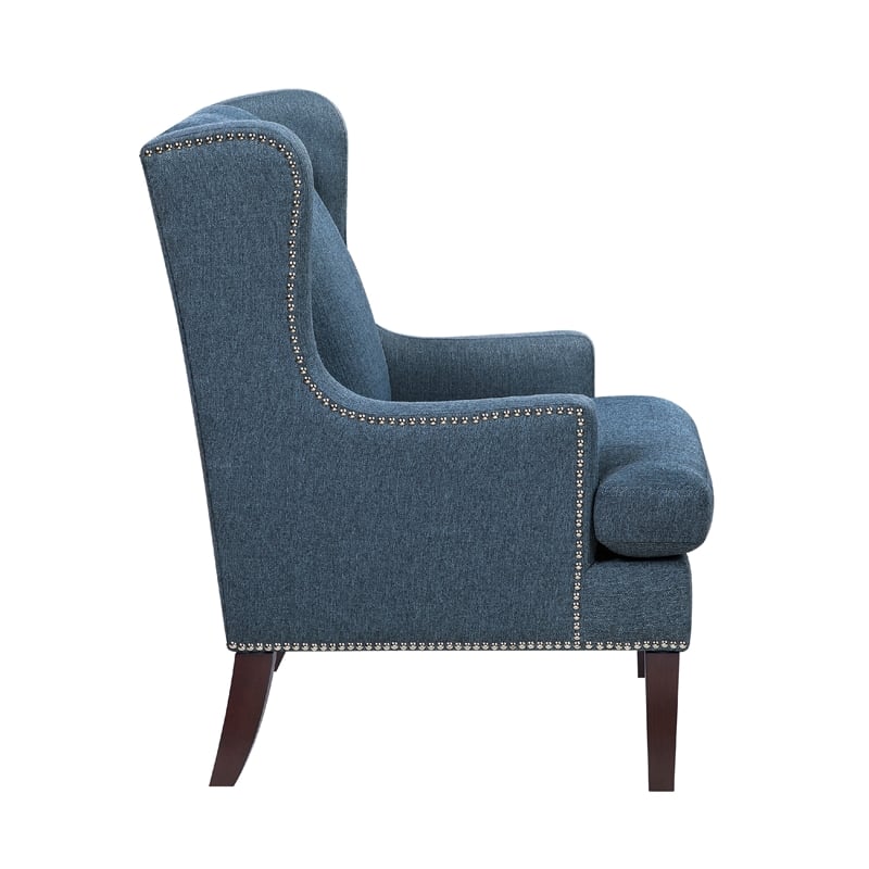 Rossana Accent Wing Armchair- Blue Polyester- Brown Wood- Nailhead