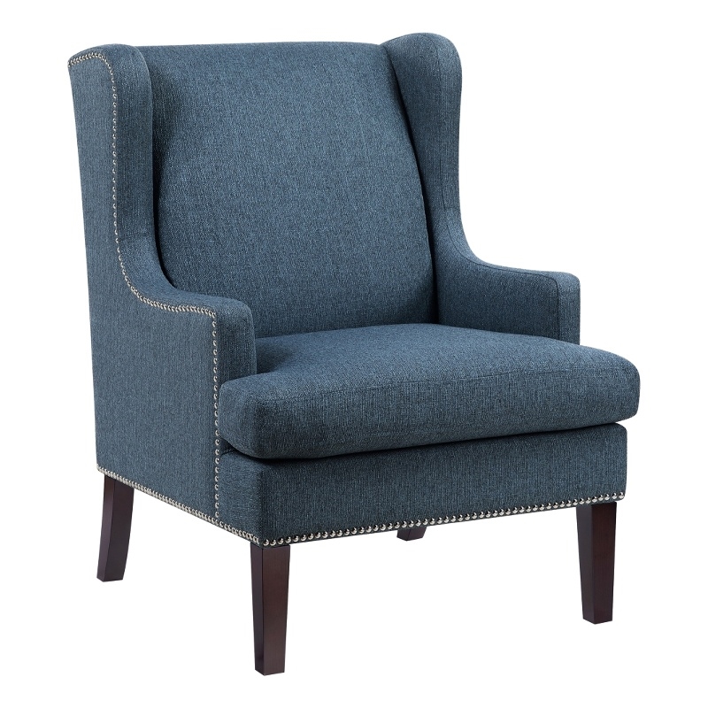 Rossana Accent Wing Armchair- Blue Polyester- Brown Wood- Nailhead