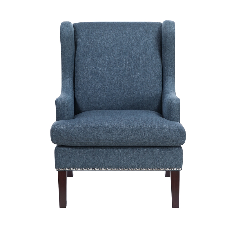 Rossana Accent Wing Armchair- Blue Polyester- Brown Wood- Nailhead