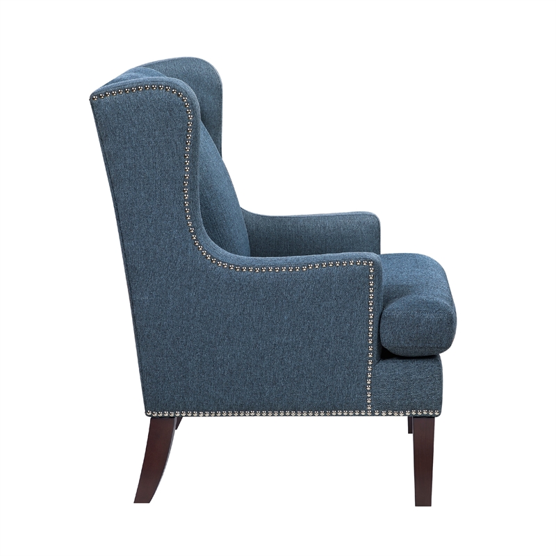 Rossana Accent Wing Armchair- Blue Polyester- Brown Wood- Nailhead