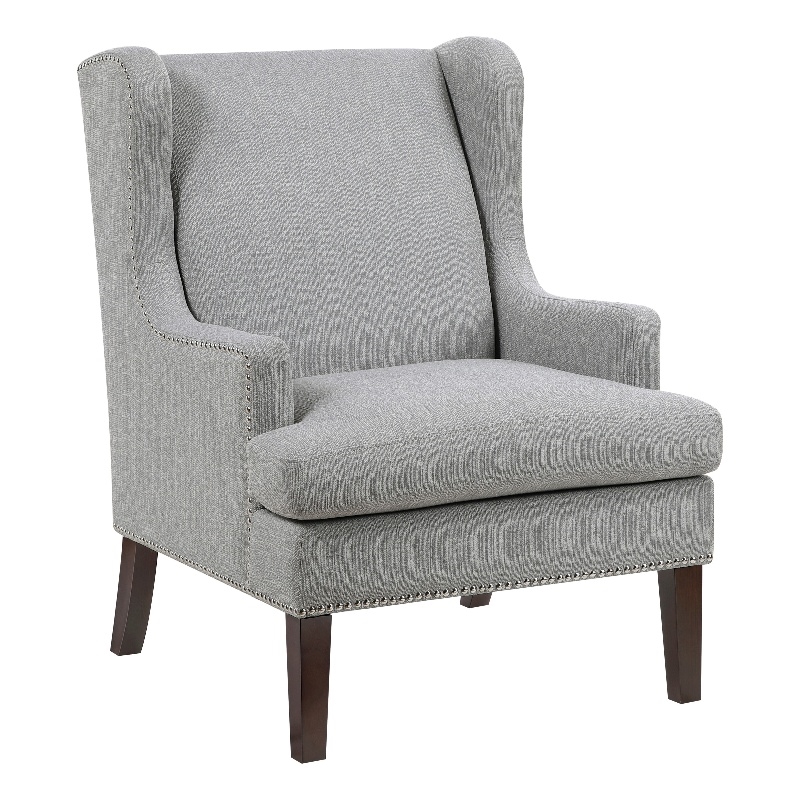 Rossana Accent Wing Armchair- Gray Polyester- Brown Wood- Nailhead