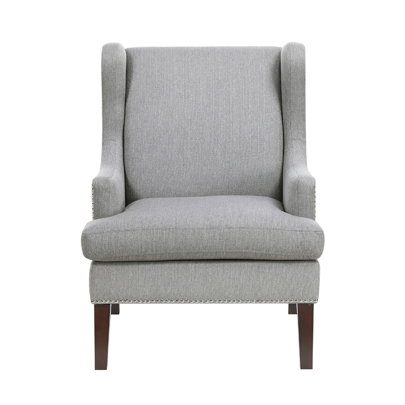 Rossana Accent Wing Armchair- Gray Polyester- Brown Wood- Nailhead