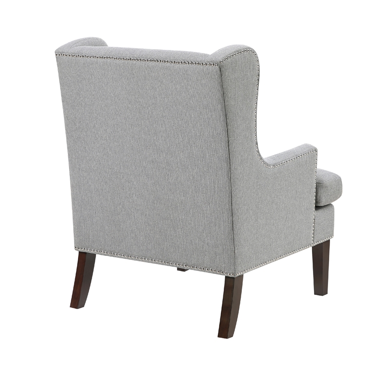Rossana Accent Wing Armchair- Gray Polyester- Brown Wood- Nailhead