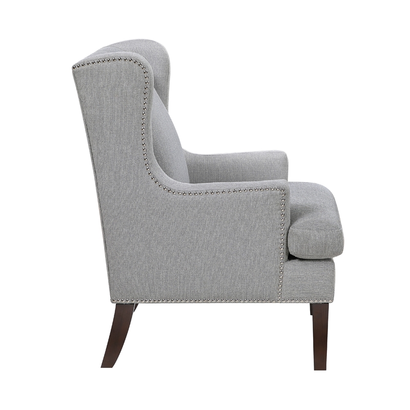 Rossana Accent Wing Armchair- Gray Polyester- Brown Wood- Nailhead
