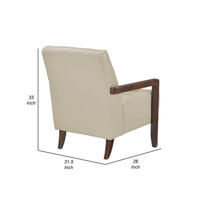 Lenie Accent Armchair- Button Tufted Beige Leather- Walnut Brown Wood