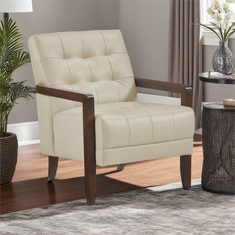 Lenie Accent Armchair- Button Tufted Beige Leather- Walnut Brown Wood