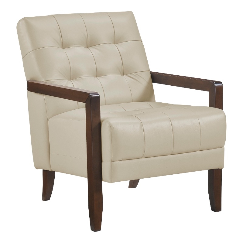 Lenie Accent Armchair- Button Tufted Beige Leather- Walnut Brown Wood