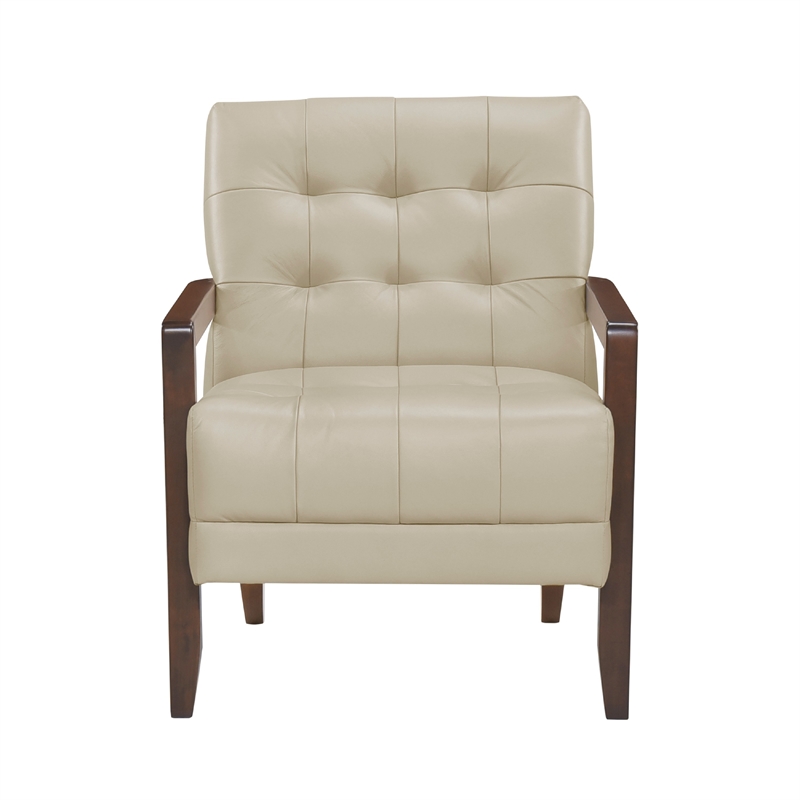 Lenie Accent Armchair- Button Tufted Beige Leather- Walnut Brown Wood