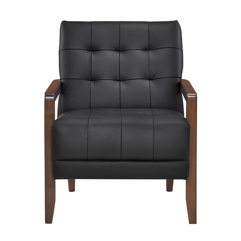 Lenie Accent Armchair- Button Tufted Black Leather- Walnut Brown Wood