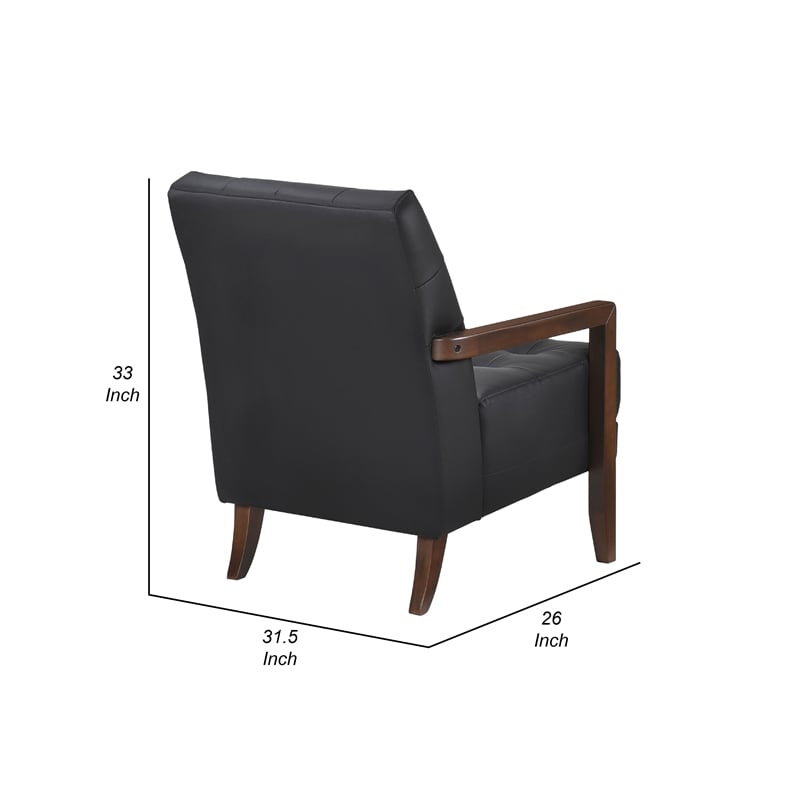 Lenie Accent Armchair- Button Tufted Black Leather- Walnut Brown Wood