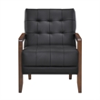 Lenie Accent Armchair- Button Tufted Black Leather- Walnut Brown Wood