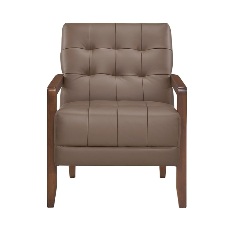 Lenie Accent Armchair- Button Tufted Brown Leather- Walnut Brown Wood