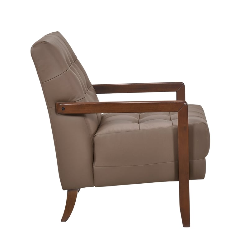 Lenie Accent Armchair- Button Tufted Brown Leather- Walnut Brown Wood