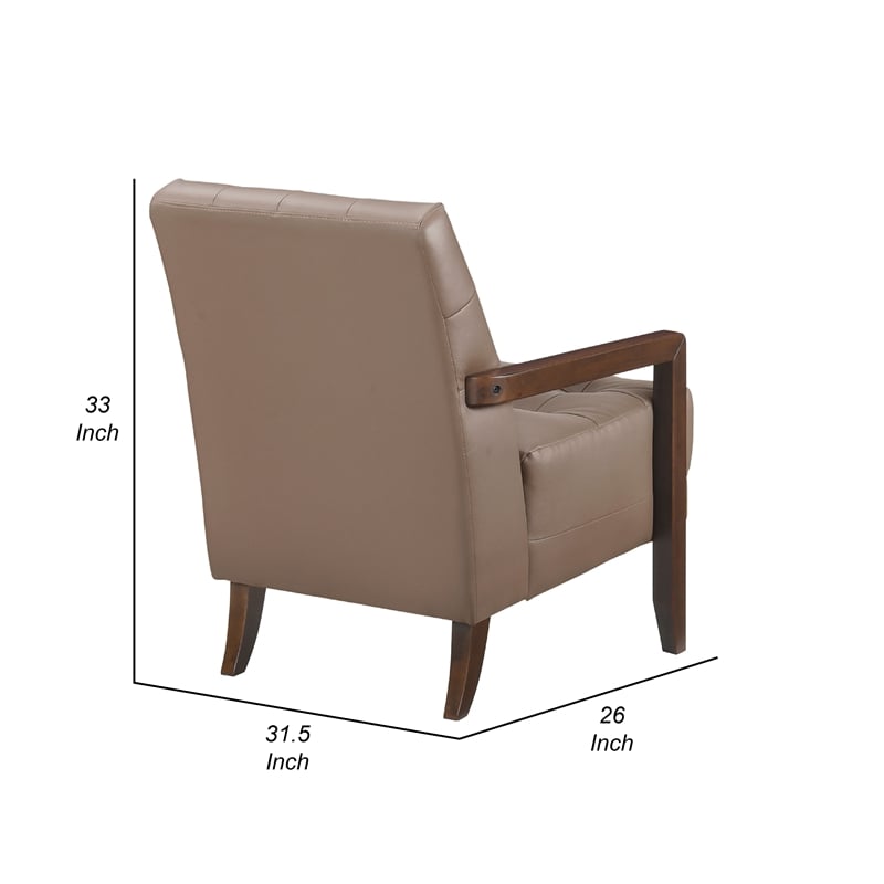 Lenie Accent Armchair- Button Tufted Brown Leather- Walnut Brown Wood