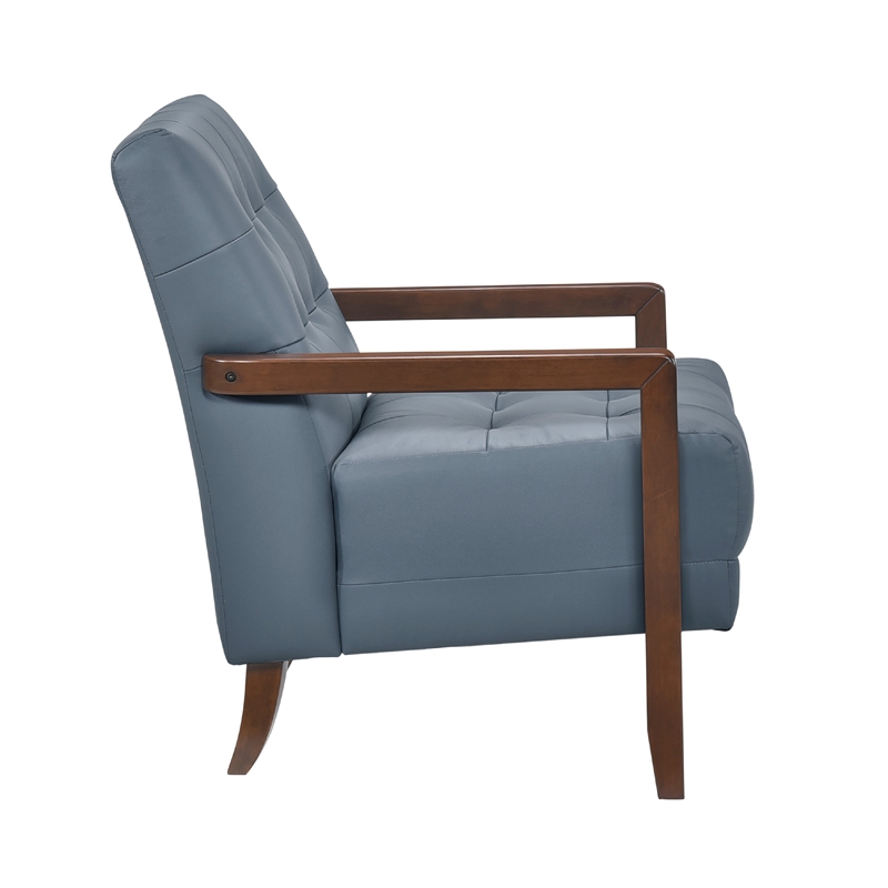 Lenie Accent Armchair- Button Tufted Blue Leather- Walnut Brown Wood