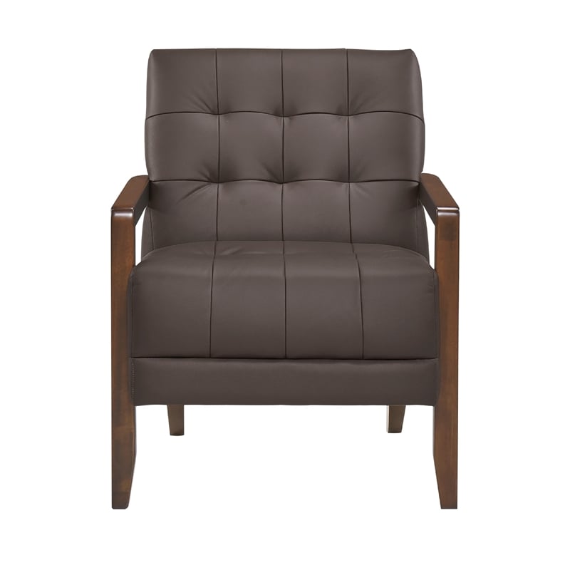 Lenie Accent Armchair- Button Tufted Dark Brown Leather- Wood Frame
