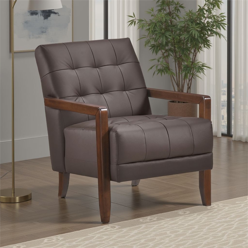 Lenie Accent Armchair- Button Tufted Dark Brown Leather- Wood Frame