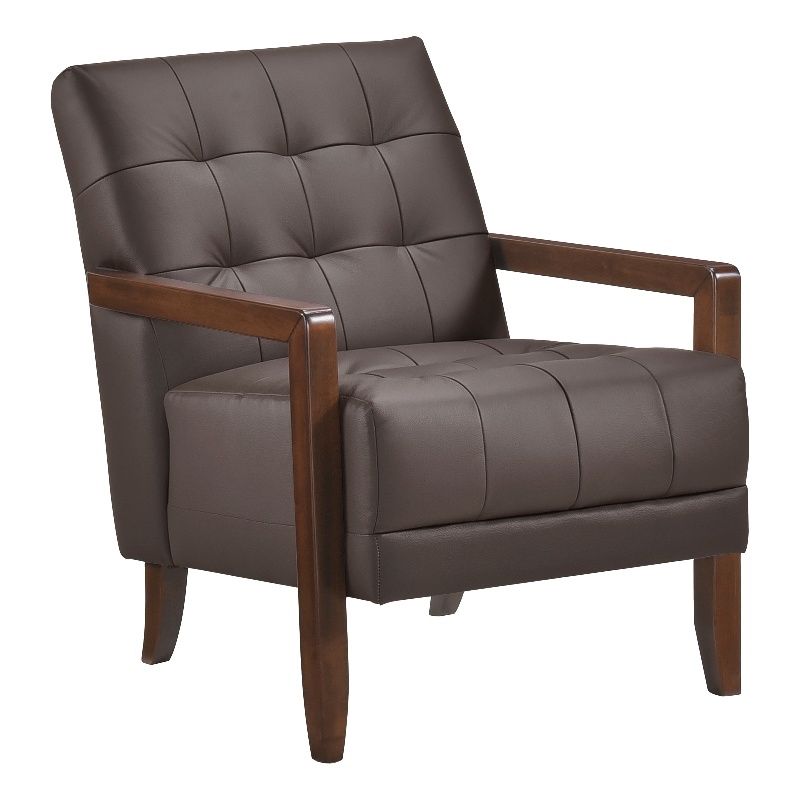 Lenie Accent Armchair- Button Tufted Dark Brown Leather- Wood Frame