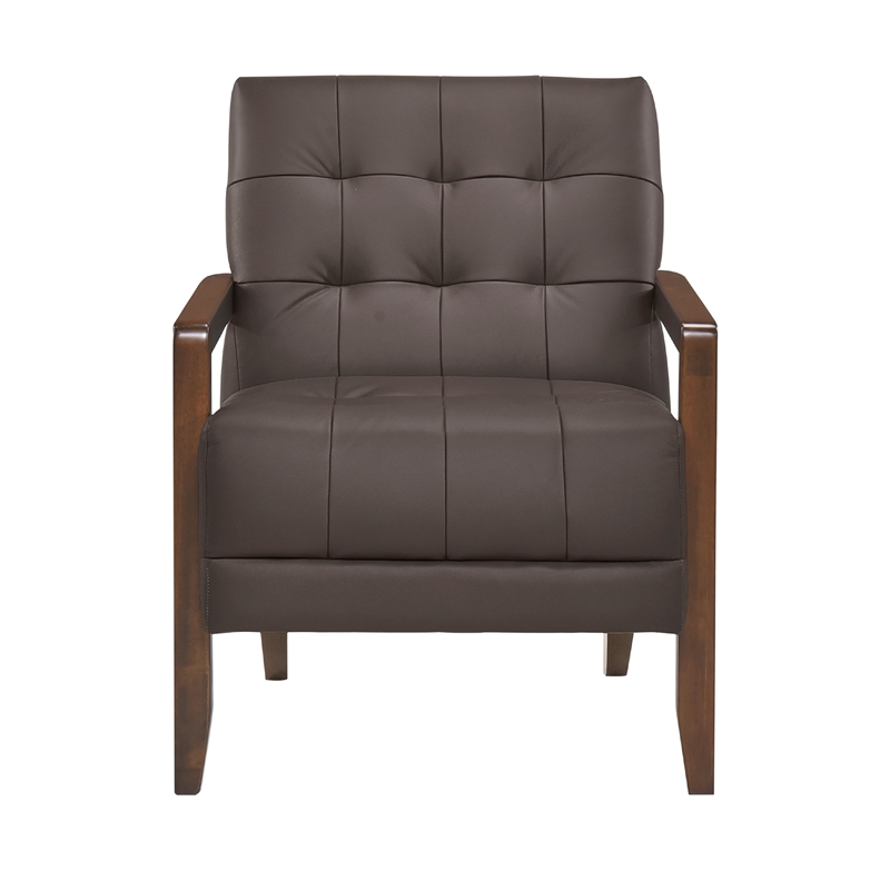 Lenie Accent Armchair- Button Tufted Dark Brown Leather- Wood Frame