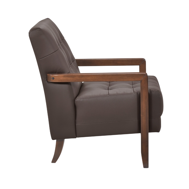 Lenie Accent Armchair- Button Tufted Dark Brown Leather- Wood Frame