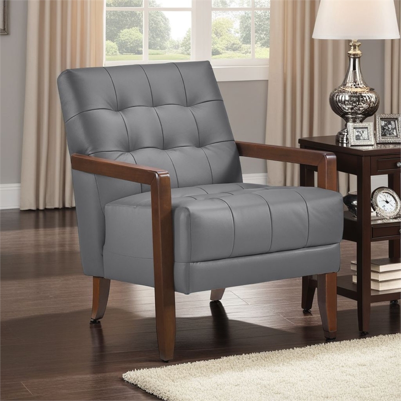Lenie Accent Armchair- Button Tufted Dark Gray Leather- Brown Wood