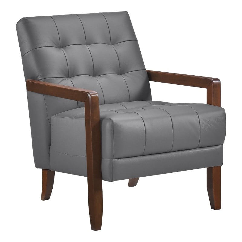 Lenie Accent Armchair- Button Tufted Dark Gray Leather- Brown Wood