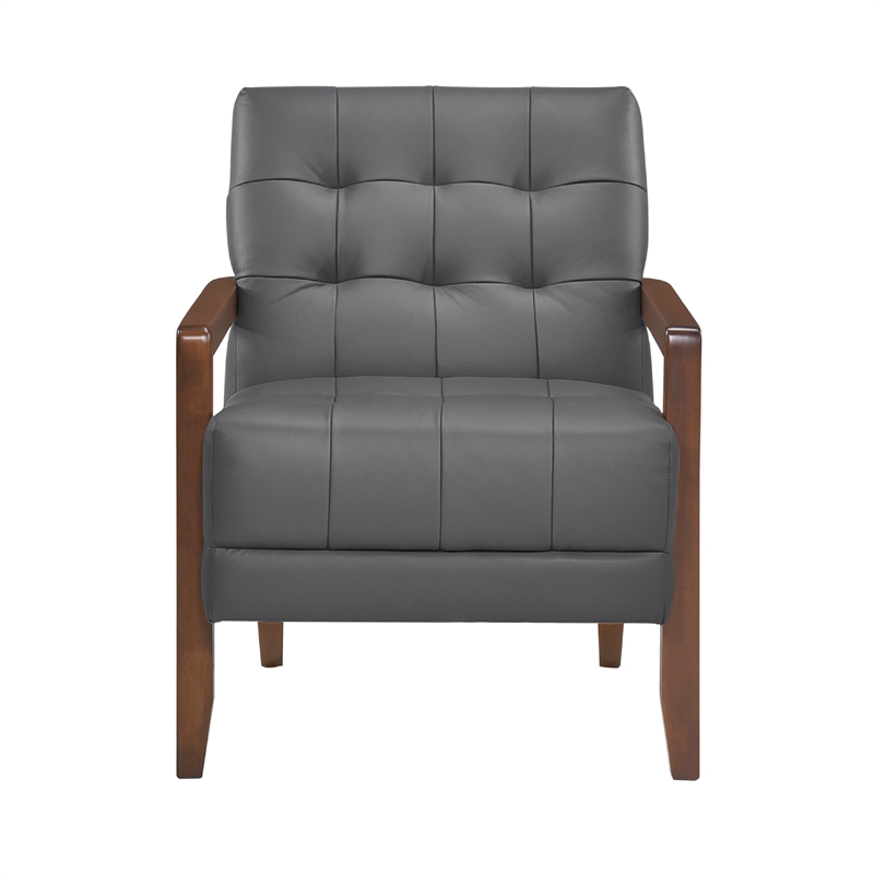 Lenie Accent Armchair- Button Tufted Dark Gray Leather- Brown Wood