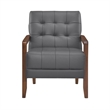 Lenie Accent Armchair- Button Tufted Dark Gray Leather- Brown Wood