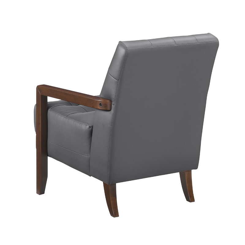 Lenie Accent Armchair- Button Tufted Dark Gray Leather- Brown Wood
