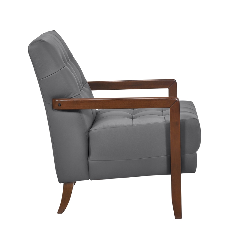 Lenie Accent Armchair- Button Tufted Dark Gray Leather- Brown Wood