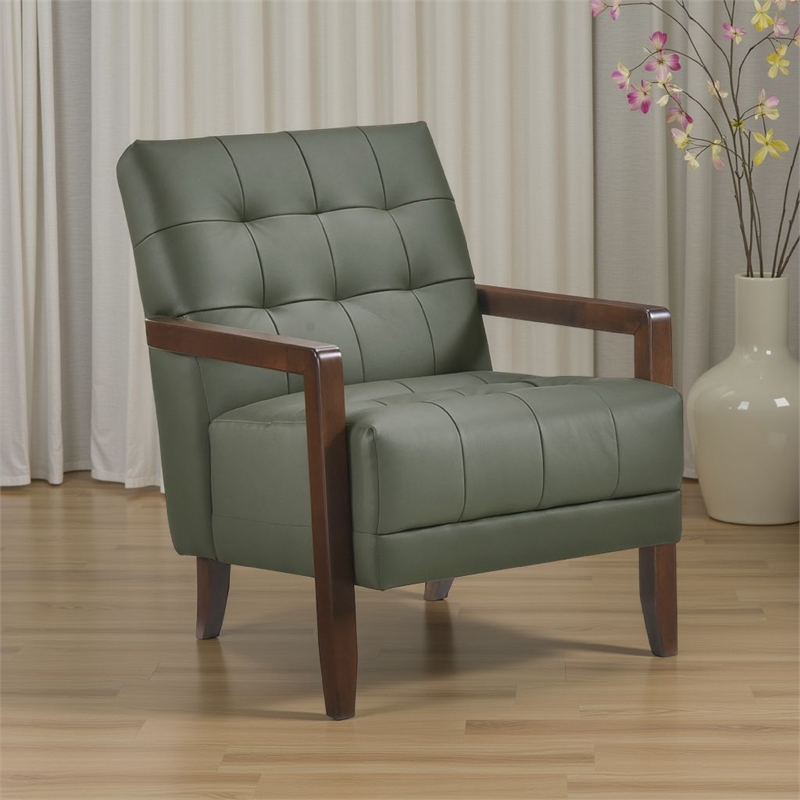 Lenie Accent Armchair- Button Tufted Green Leather- Walnut Brown Wood