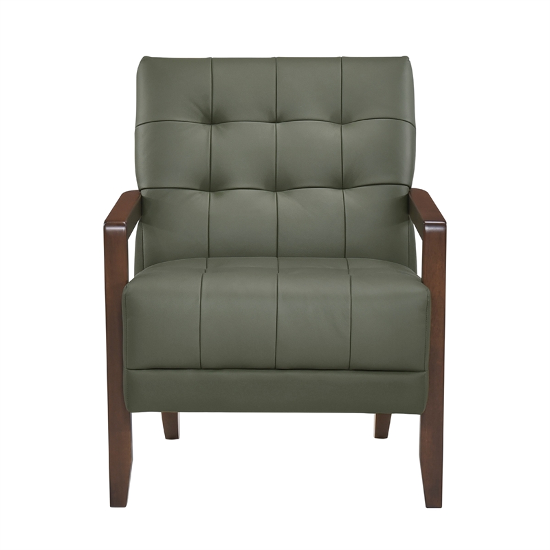 Lenie Accent Armchair- Button Tufted Green Leather- Walnut Brown Wood