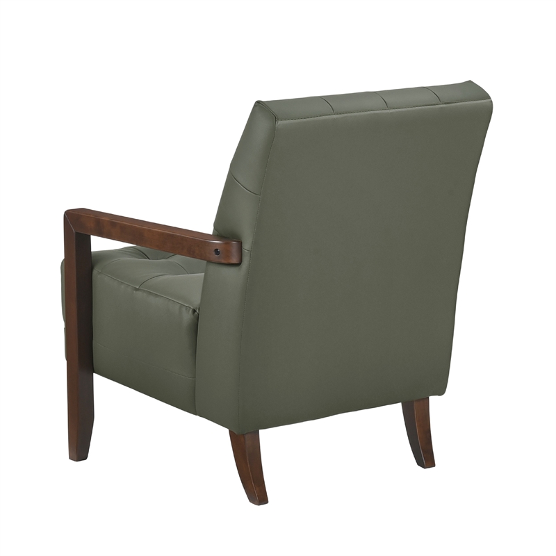 Lenie Accent Armchair- Button Tufted Green Leather- Walnut Brown Wood