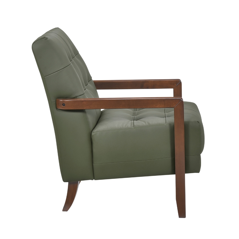 Lenie Accent Armchair- Button Tufted Green Leather- Walnut Brown Wood