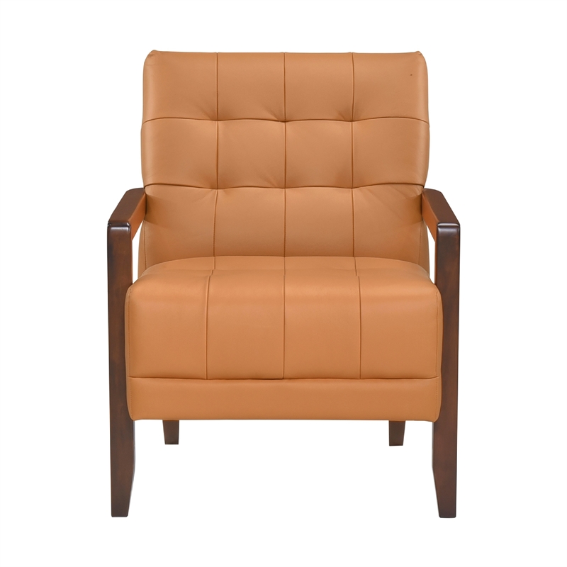 Lenie Accent Armchair- Button Tufted Orange Leather- Walnut Brown