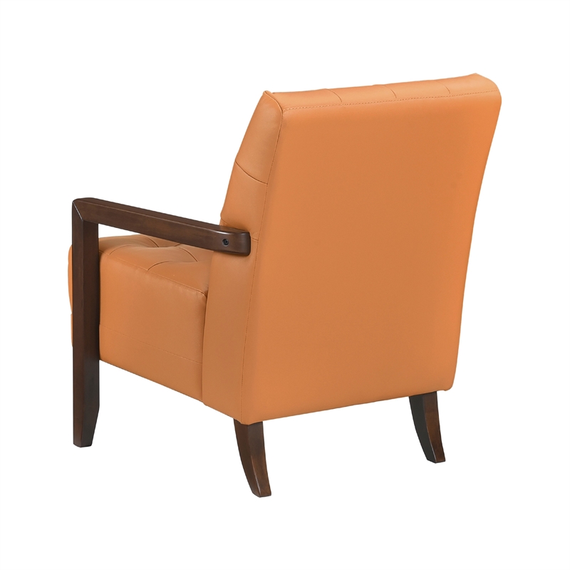 Lenie Accent Armchair- Button Tufted Orange Leather- Walnut Brown
