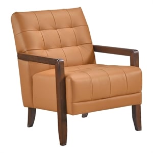 Lenie Accent Armchair- Button Tufted Orange Leather- Walnut Brown