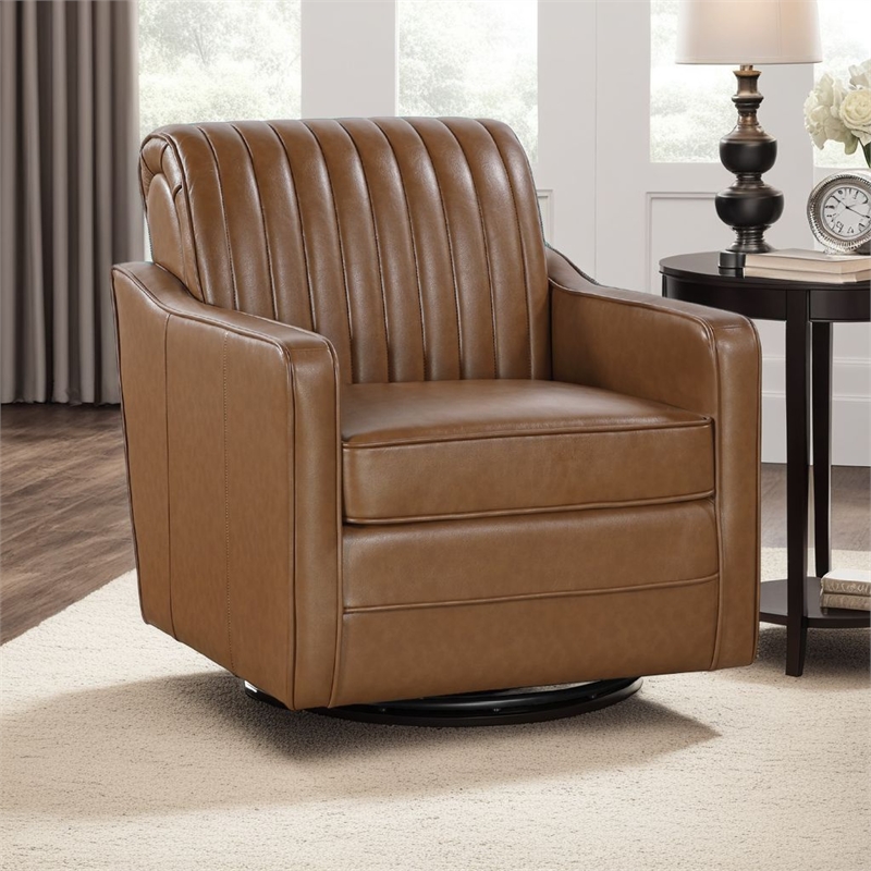Vemy Swivel Chair- Vertical Channel Tufted Back- Brown Faux Leather