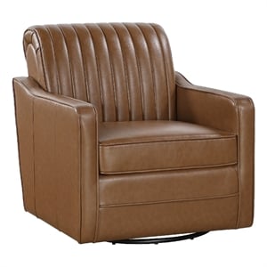 Vemy Swivel Chair- Vertical Channel Tufted Back- Brown Faux Leather