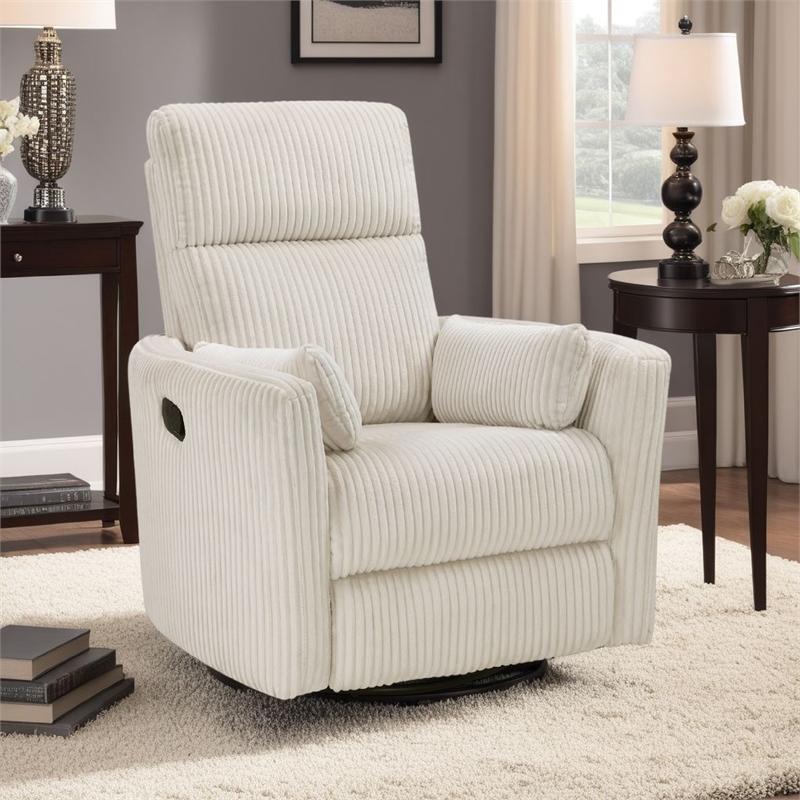 Rix Swivel Glider Recliner Chair w 2 Lumbar Pillows- Beige Corduroy