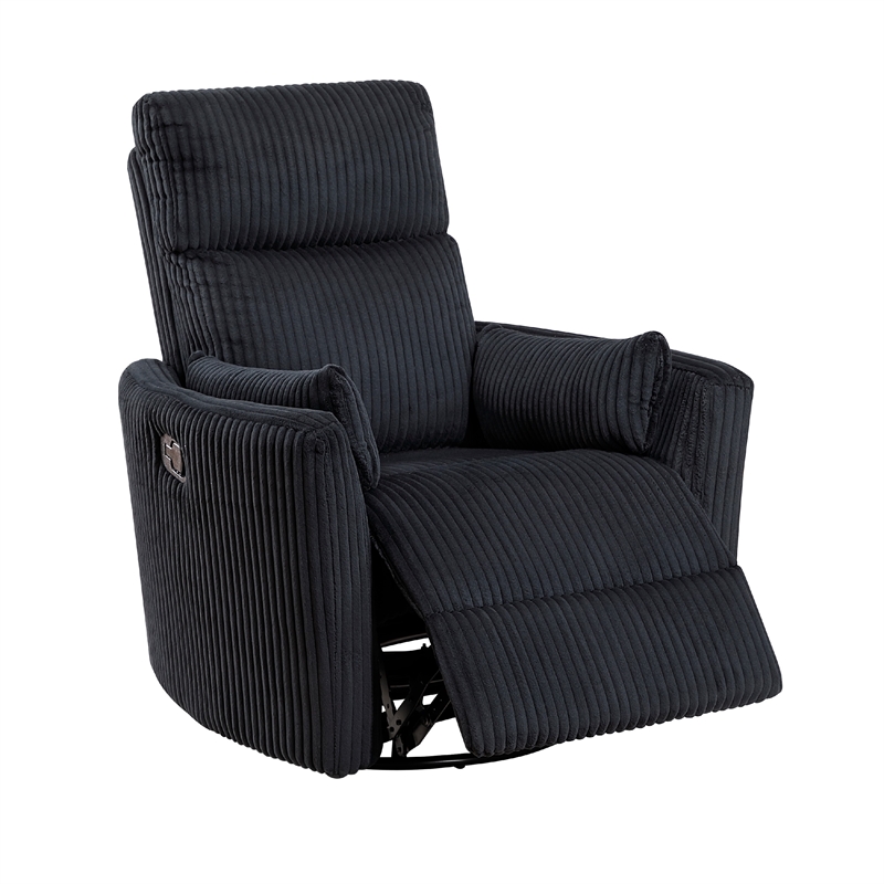 Rix Swivel Glider Recliner Chair w 2 Lumbar Pillows- Black Corduroy