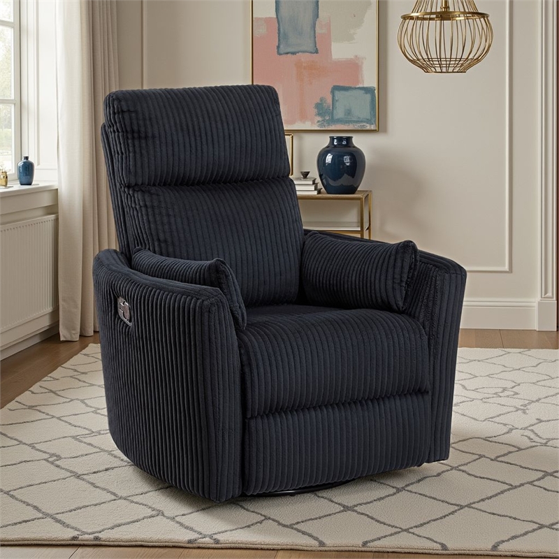 Rix Swivel Glider Recliner Chair w 2 Lumbar Pillows- Black Corduroy