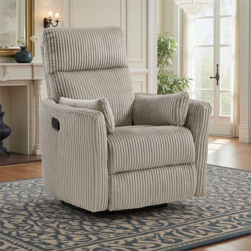 Rix Swivel Glider Recliner Chair- 2 Pillows- Taupe Brown Corduroy